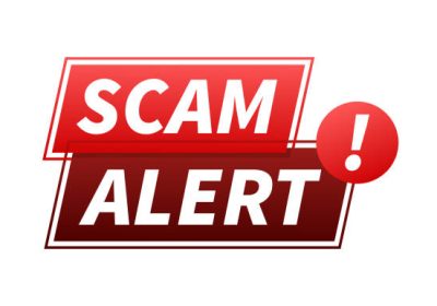 Banner with red scam alert. Attention sign. Cyber security icon. Caution warning sign sticker. Flat warning symbol. Vector stock illustration