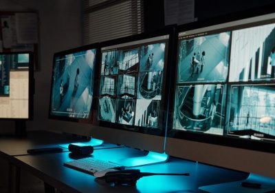 Records of cctv video on screens of desktop computers standing on desks with walkie-talkie, mobile phone and keypad